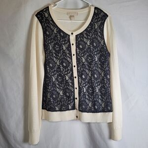 Banana Republic Cream/Black Lace Front Button Up Cardigan Size L Wool Blend